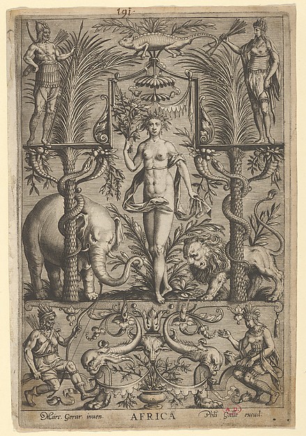 Historical engraving of Africa personified as a nude woman amid palms, a lion, an elephant, and decorative figures.