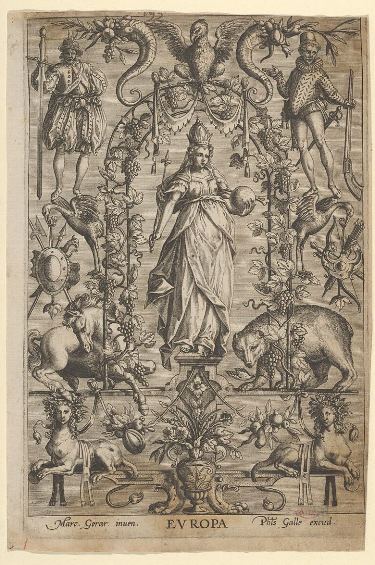 Europe personified as a crowned woman holding a scepter and orb in a sixteenth-century engraving.