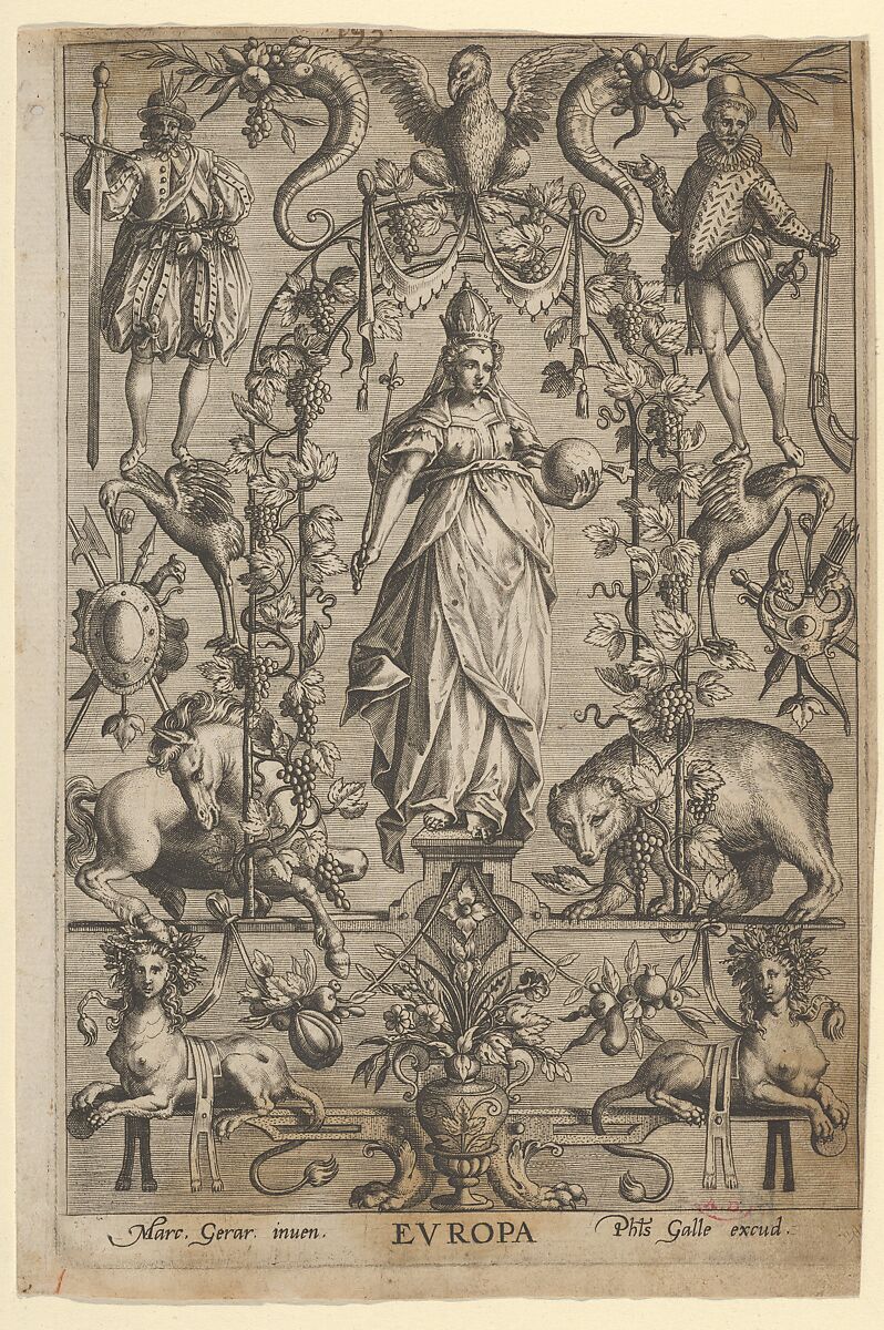Europe personified as a crowned woman holding a scepter and orb in a sixteenth-century engraving.