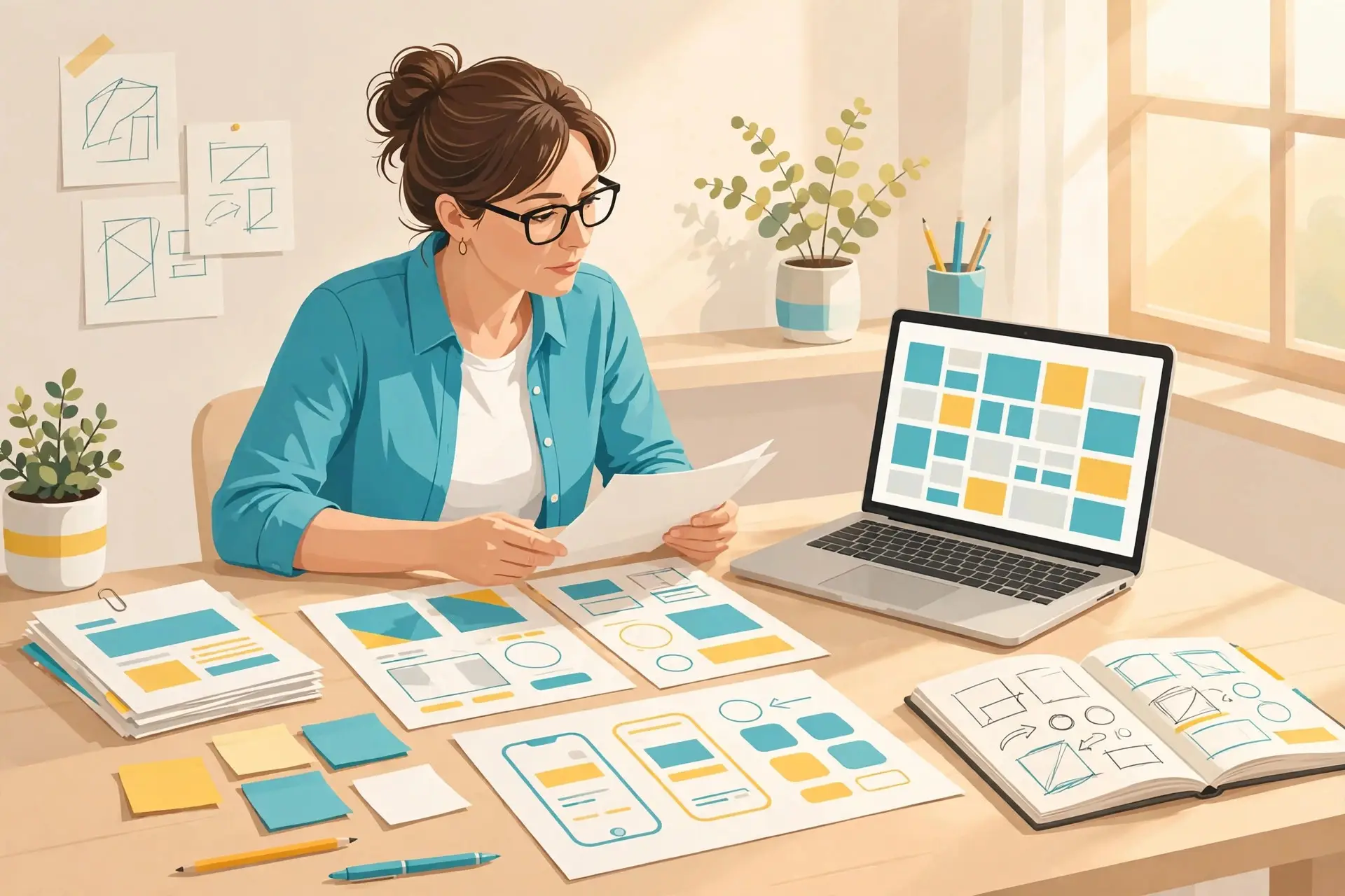 What hiring managers look for in a design portfolio - a reviewer working through case studies at a desk