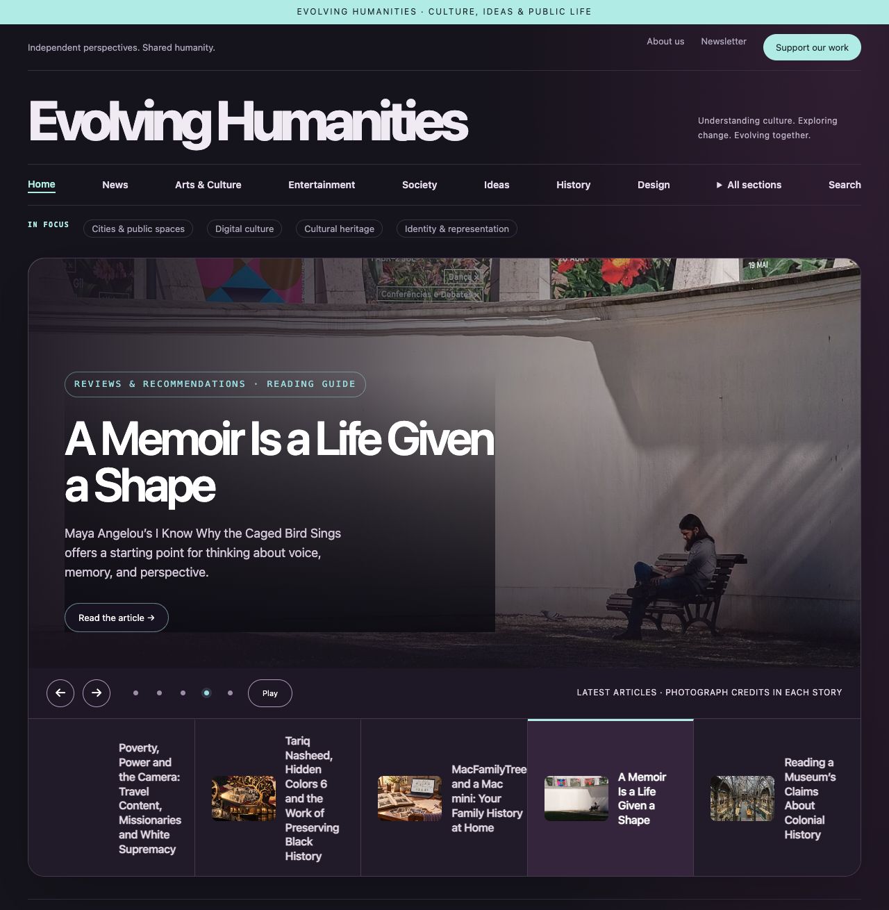 Actual Evolving Humanities homepage, showing its large masthead, section navigation, cyan accents, and a featured reading guide.