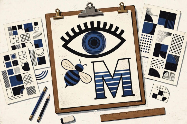 Eye, bee and striped letter M rebus poster on a designer clipboard, evoking Paul Rand IBM logo design