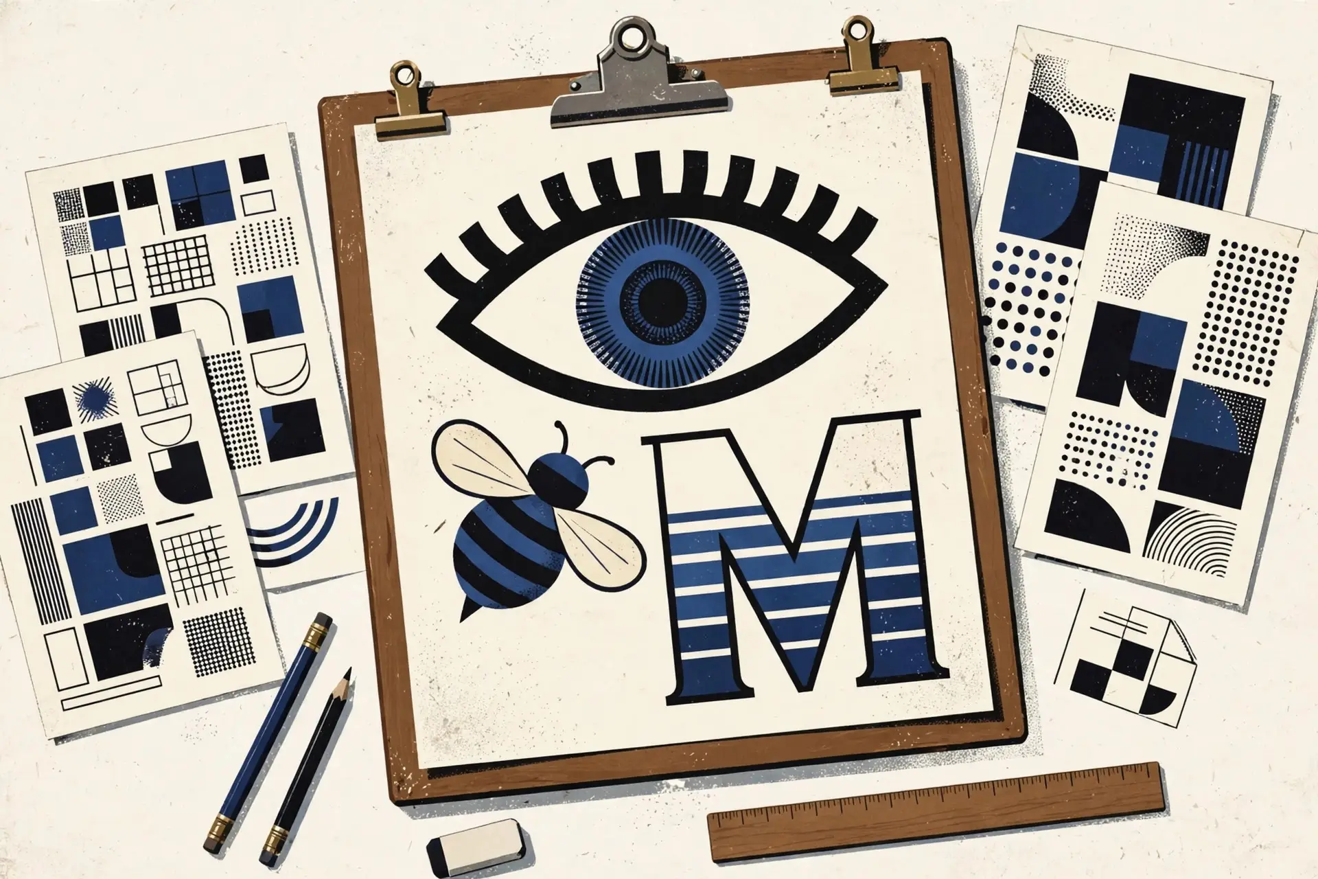Eye, bee and striped letter M rebus poster on a designer clipboard, evoking Paul Rand IBM logo design