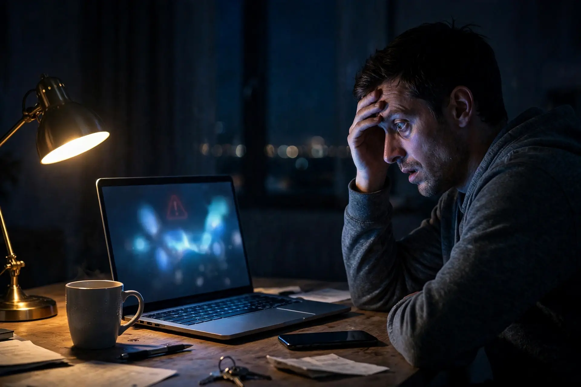 Xe Money Transfer account closed — a man at his desk late at night, staring at a warning on his laptop screen