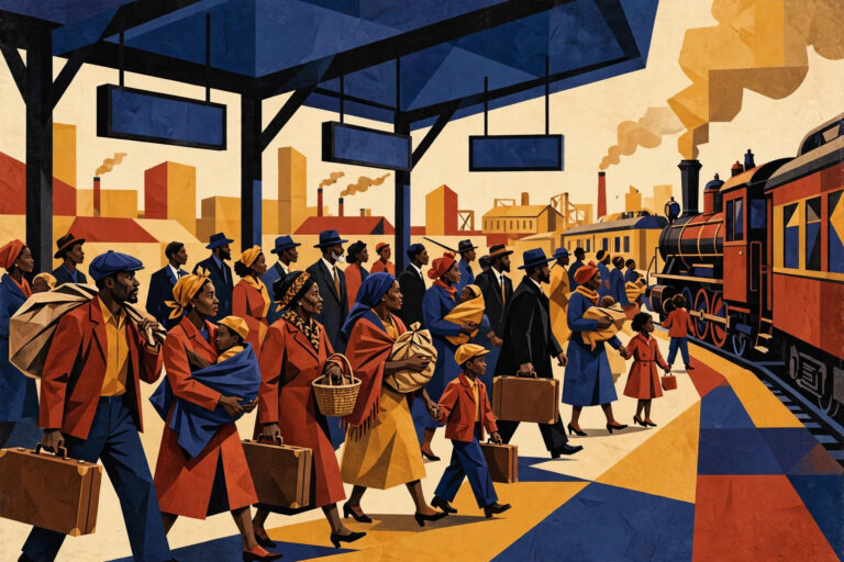 Flat editorial illustration of Black families carrying suitcases and bundles toward a train at a crowded 1940s station platform