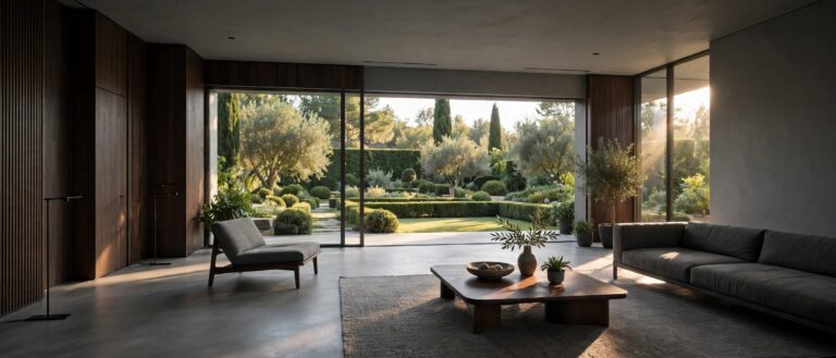 Minimalist modernist living room with a full-width glass wall opening onto a manicured garden, warm sunlight across dark wood and grey walls