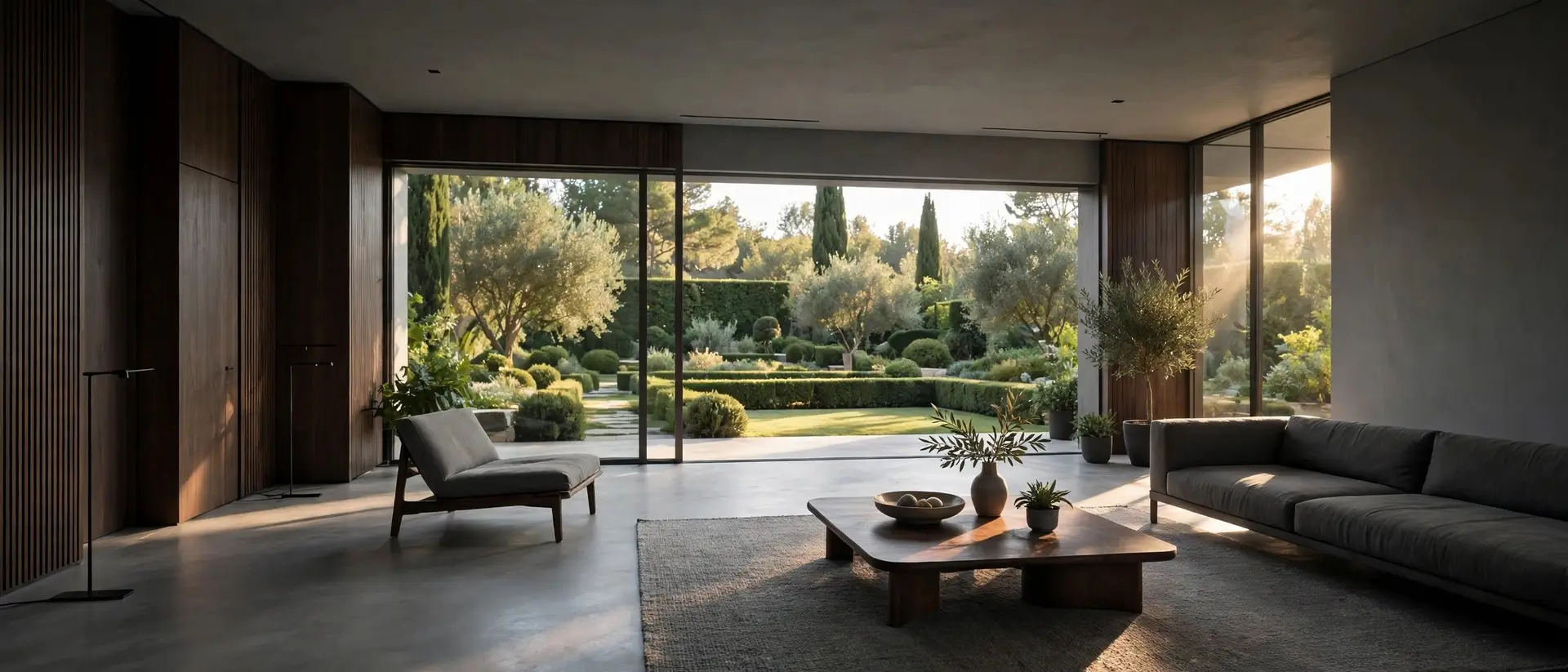 Minimalist modernist living room with a full-width glass wall opening onto a manicured garden, warm sunlight across dark wood and grey walls